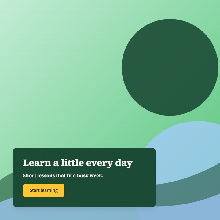 A square brand asset: the headline on a dark green panel over green hills.