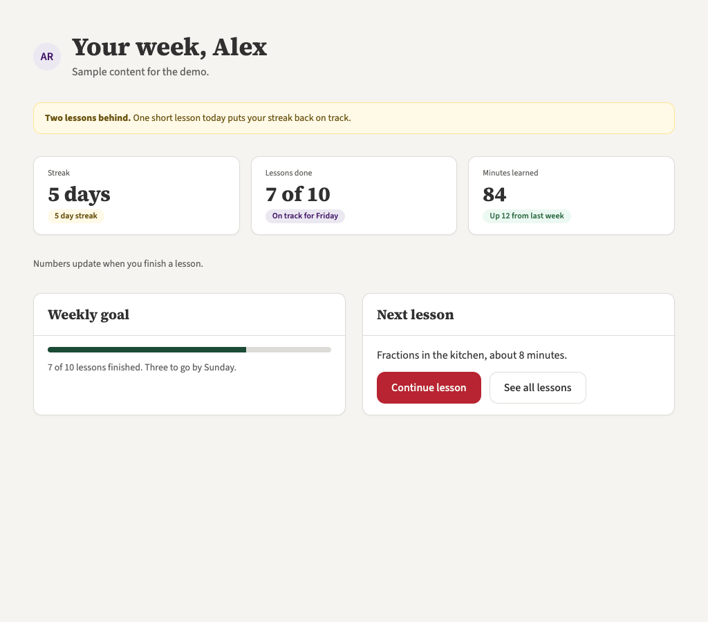 The approved weekly progress screen at desktop width, built from Moon tokens.