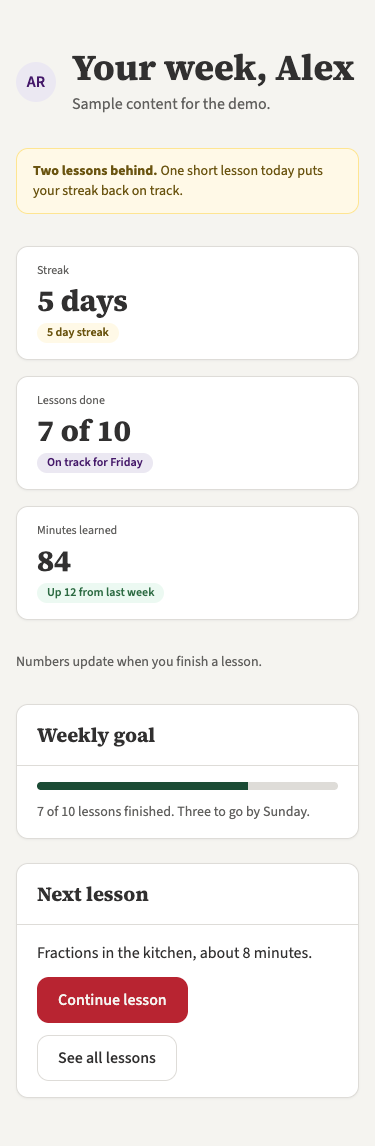 The same screen after the fixes: one column, Moon colours, readable text.